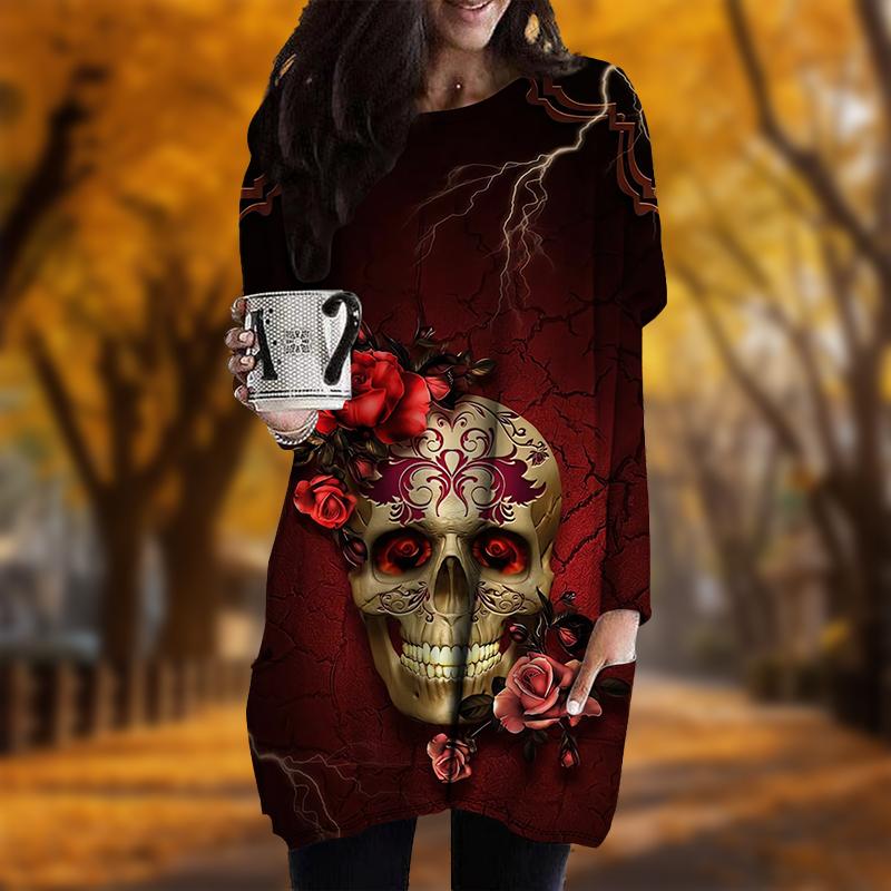 New In Autumn Skull Lightning Print Plus Size Dress Women O'neck Long Sleeves Casual Pocket Dresses