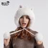 Damen Niedliche Winter Strickmütze mit Cartoon Katzenohren und Bommeln Verdicken Warmes Fleecegefüttertes Ohrschützendes Hut für Frauen
