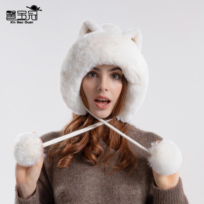 Damen Niedliche Winter Strickmütze mit Cartoon Katzenohren und Bommeln Verdicken Warmes Fleecegefüttertes Ohrschützendes Hut für Frauen