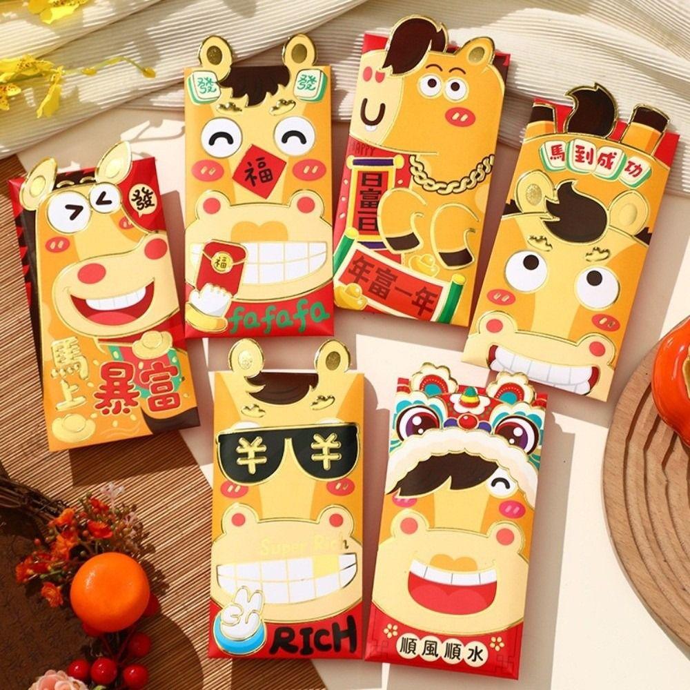 6pcs Red Color Spring Festival Hongbao Cartoon Lucky Money Envelopes Cartoon Red Packets Lunar Year