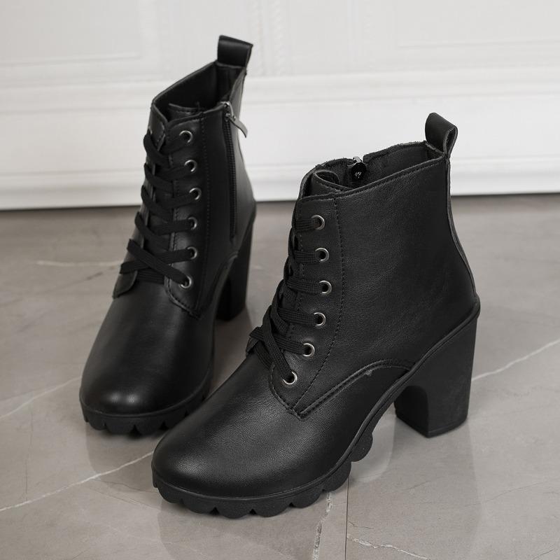 Fashion Stylish Strappy Front Heels Fall New Round Toe Side Zip Platform Anti-Slip Wear-Resistant Booties