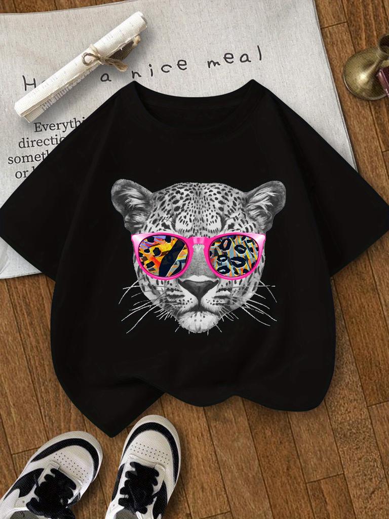 Playful Charm Colorful Leopard Face Print Girls TShirt Soft Crew Neck Short Sleeve Vibrant Summer Casual Top for Ages 714