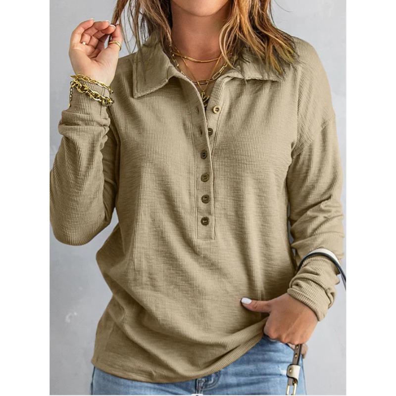 

Autumn and Winter Solid Color Knitted Shirt Single breasted Flip Collar Loose Casual Top Women s Pullovers & Long Sleeves 5XL хаки