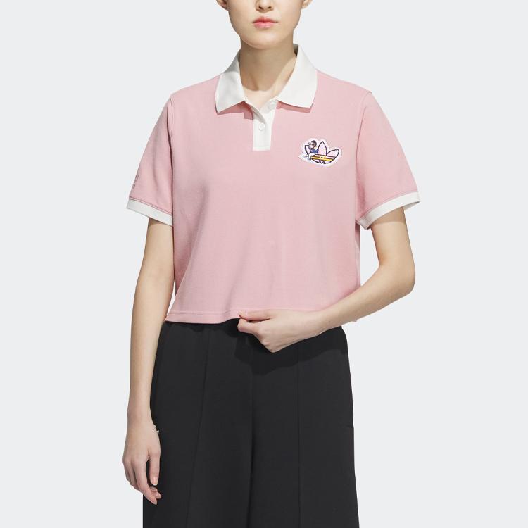 Adidas Originals Monkey Kingdom Co-Branded Series Polo Shirt With Cartoon Logo Patchwork Design Women Tops Miracle-Purple Pink IP1778