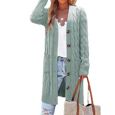 Women's Clothing European American Knitted Pocket Cardigan Autumn Winter Long Twist Button Sweater Jacket