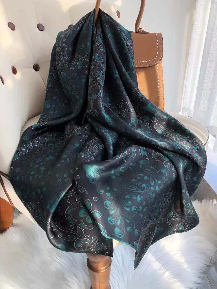 Bysifa| Navy Blue 100% Pure Silk Scarf Shawl Female Fashion Large Square Scarves Hijabs Fall Winter Floral Scarves