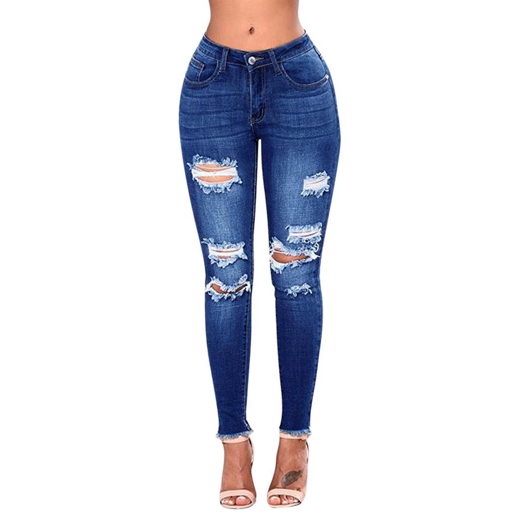Fashion Womens Jeans Denim Hole Female Mid Waist Stretch Slim Sexy Pencil Pants