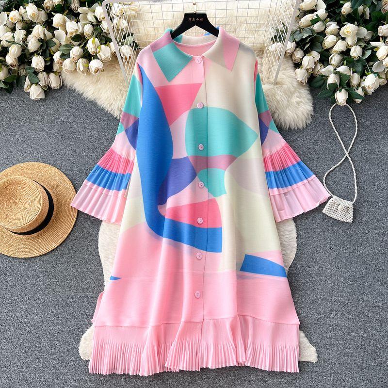 

Ruched Retro Summer Casual Lace Printing Dress Pink All yards