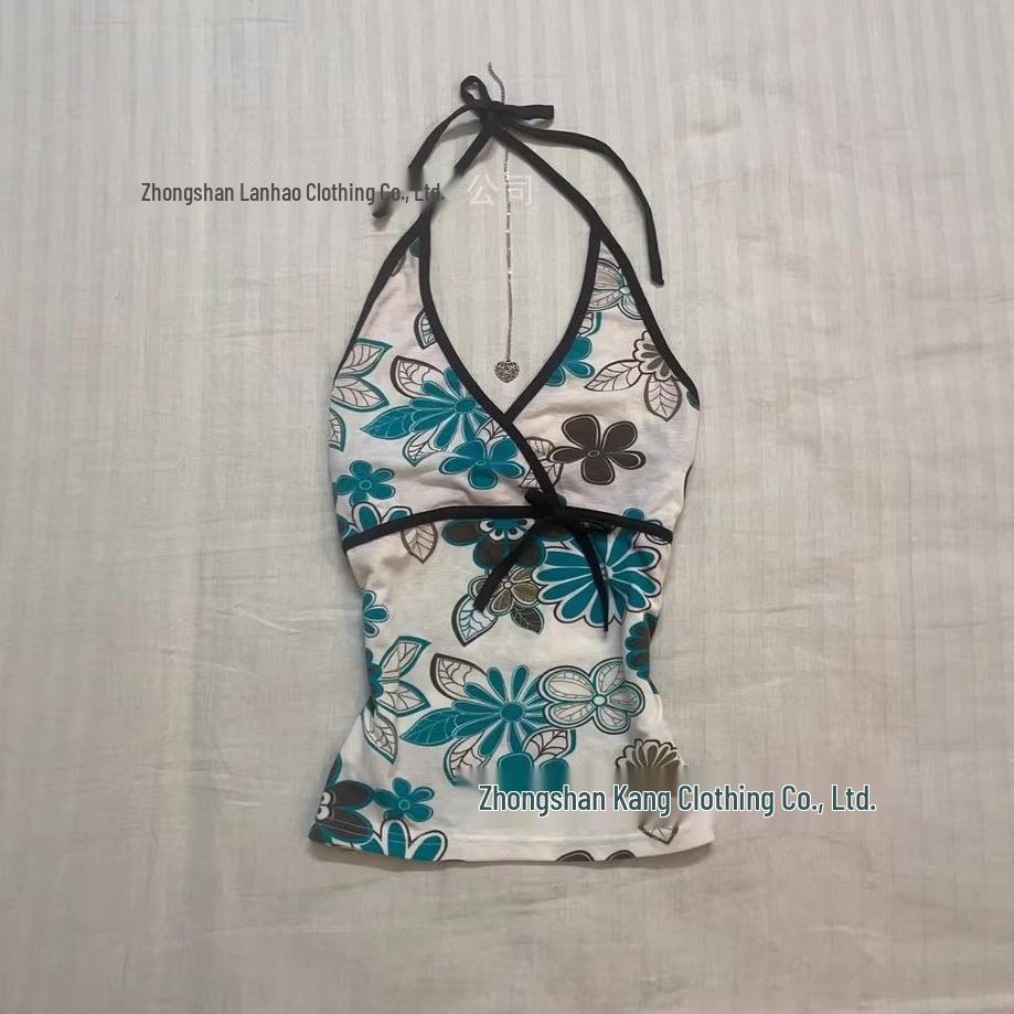 Blue & White Floral Halter Tank for Women - Slimming, Sleeveless Base Layer