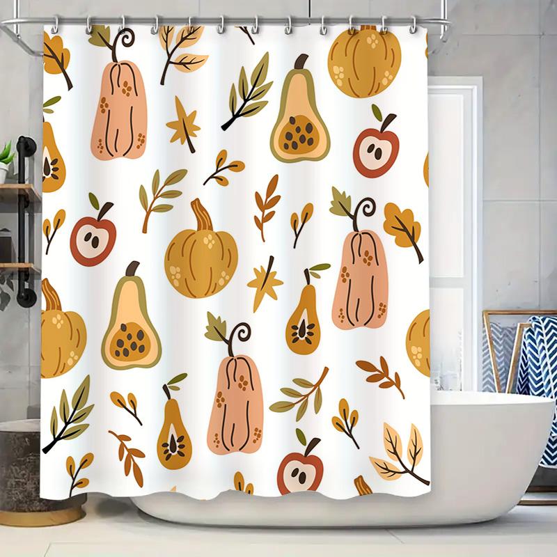 

Vibrant Fall Fruits Shower Curtain Autumn Leaves Decor for Bathroom Pink Pumpkin Pears Print Bath Mat Decoration Cover Set 90x180cm
