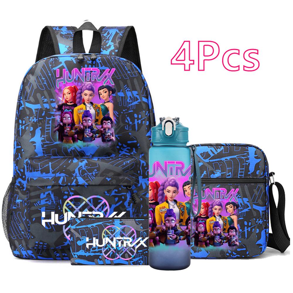4Pcs/set Anime K-Pop Demon Hunters Printed Backpack Bookbag Shoulder Bag Case Bag with 750Ml Water Bottler for Boy Girl Large Capacity Schoolbag