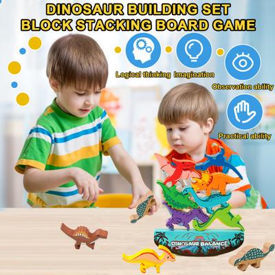 1 Set Dinosaur Building Block Stacking Game Kids Educational Wooden Cartoon Dino Brick Stacking
