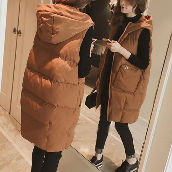 Dámská péřová vesta se stojáčkem, silný dlouhý kabát bez rukávů s kapucí, prošívaná puffer bunda na zip