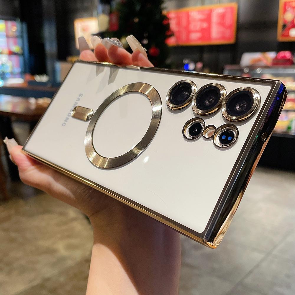 Plating Magnetic Transparent Case For Samsung S25 S24 Ultra S23 Plus S22 S21 FE Note 20 Wireless Charge Lens Protection Cover