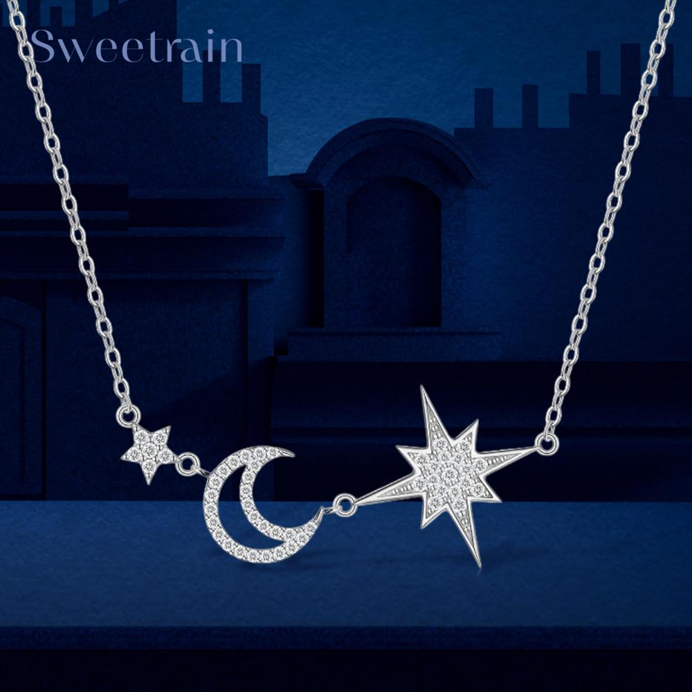 Sweetrain Full Moissanite Necklace for Women 925 Silver Star&Moon Pendant 18k white Plated Female Necklace