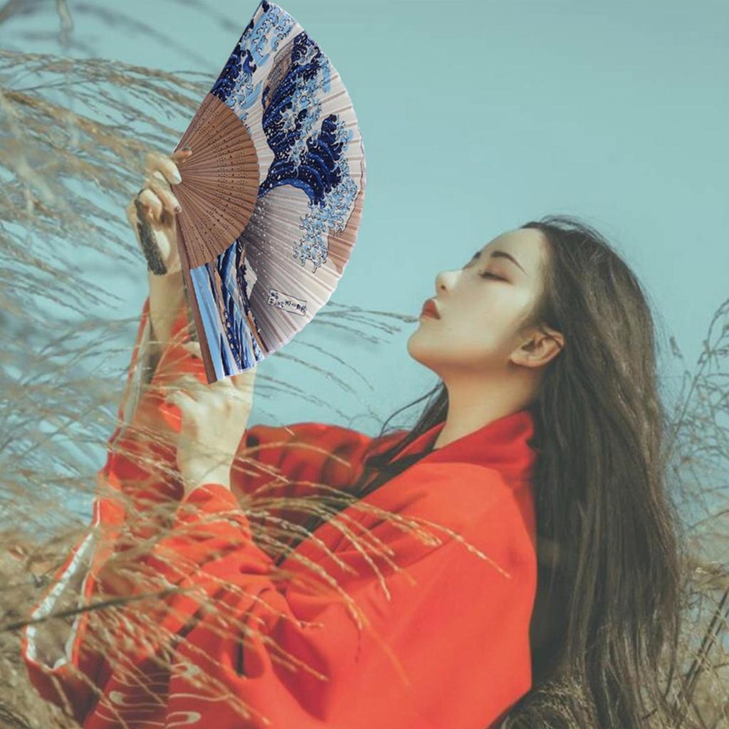 Silk Hand Fan Vintage Silk Folding Hand Fan Kanagawa Waves Japanese Folding Fan Women Bamboo Fans Japanese Art Craft Gift