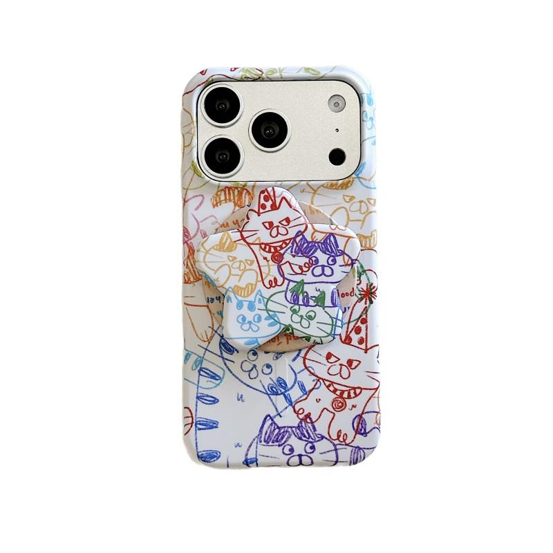 Colorful Doodle Cat Hard Phone Case IPhone 16 15 Pro 17 Max With Magnetic Stand PC Shell