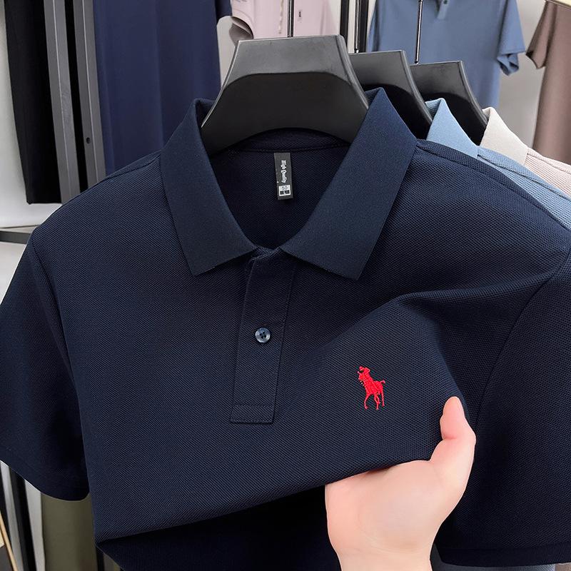 Pánské polo tričko s krátkým rukávem z perlové bavlny, luxusní, ležérní, s půl rukávem a vyšívaným logem poníka, klopou