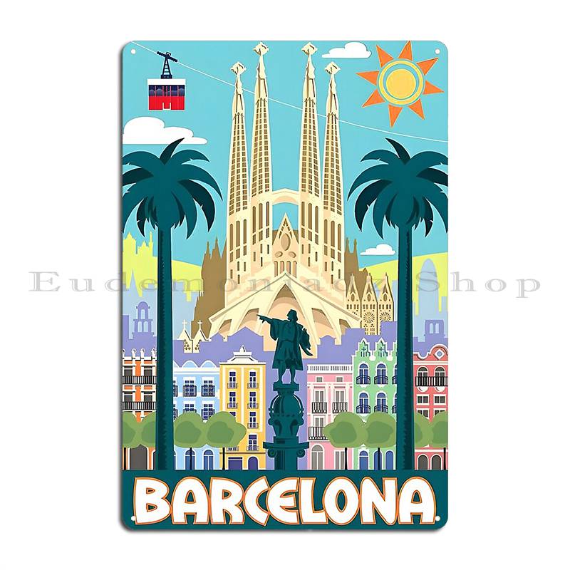 Barcelona Spain Vintage Metal Sign Design Garage Living Room Printing Living Room Tin Sign Poster