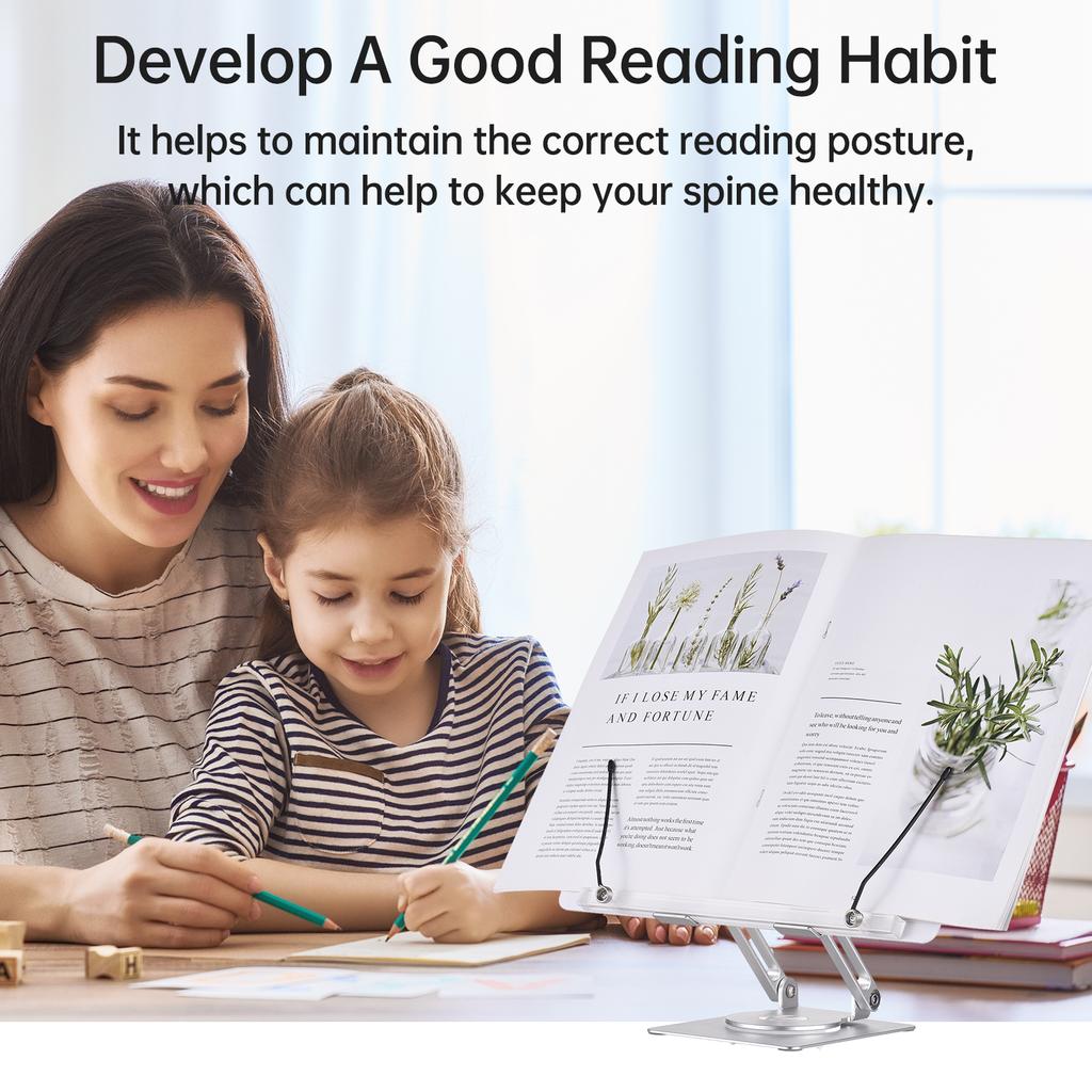 Desktop Book Stand for Reading with 360 Degrees  Rotating Base & Page Clips Foldable and Angle Adjustable for Cooking