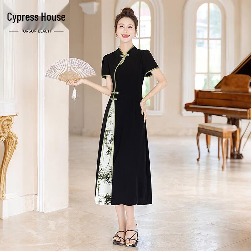 New Chinese Style Printed Hollow-Out A-Line Mid-Length Dress L