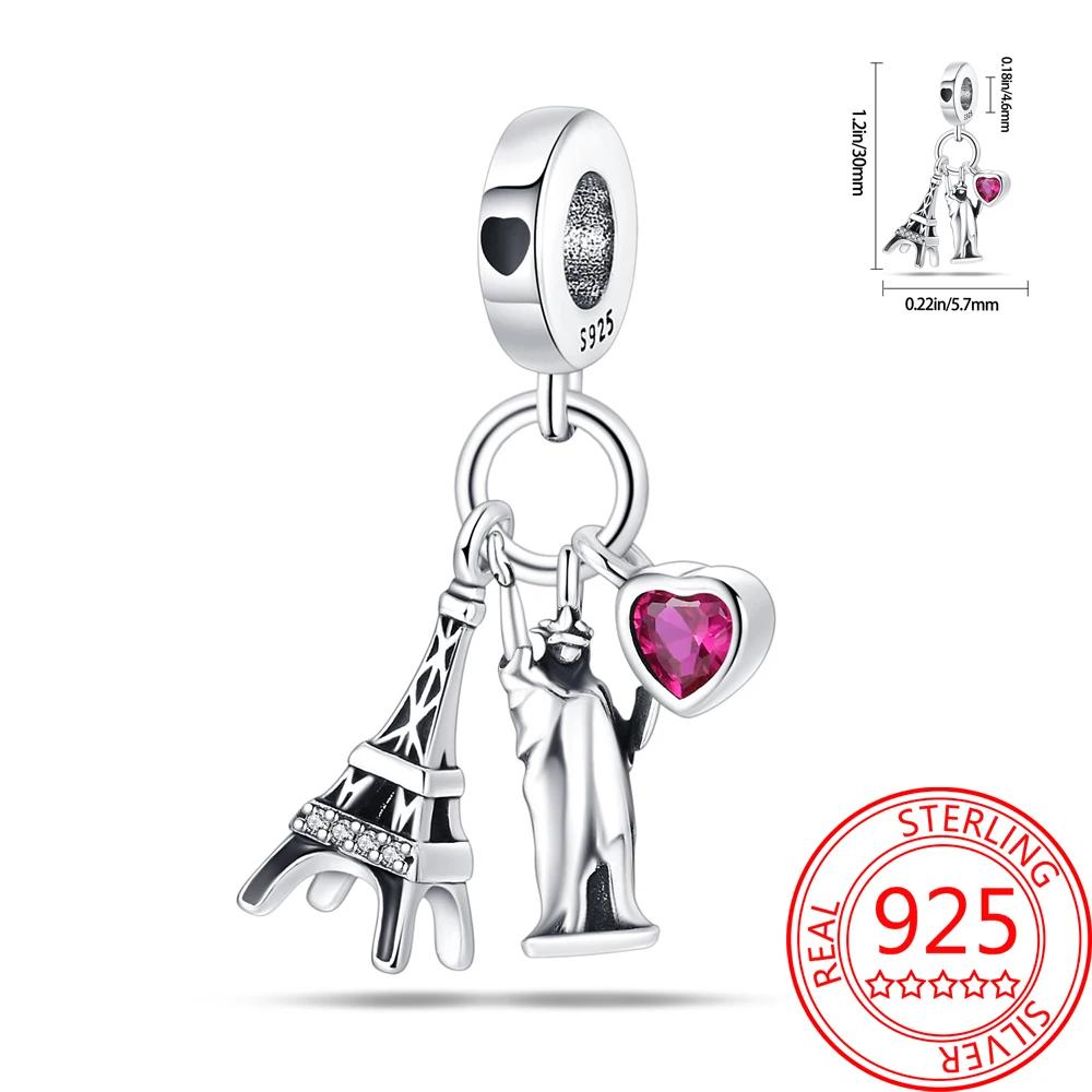 Creative 925 Silver Eiffel Tower Gold Heart Double Charm Fit DlY Bracelet Necklaces Women's Dating Jewelry Accessories