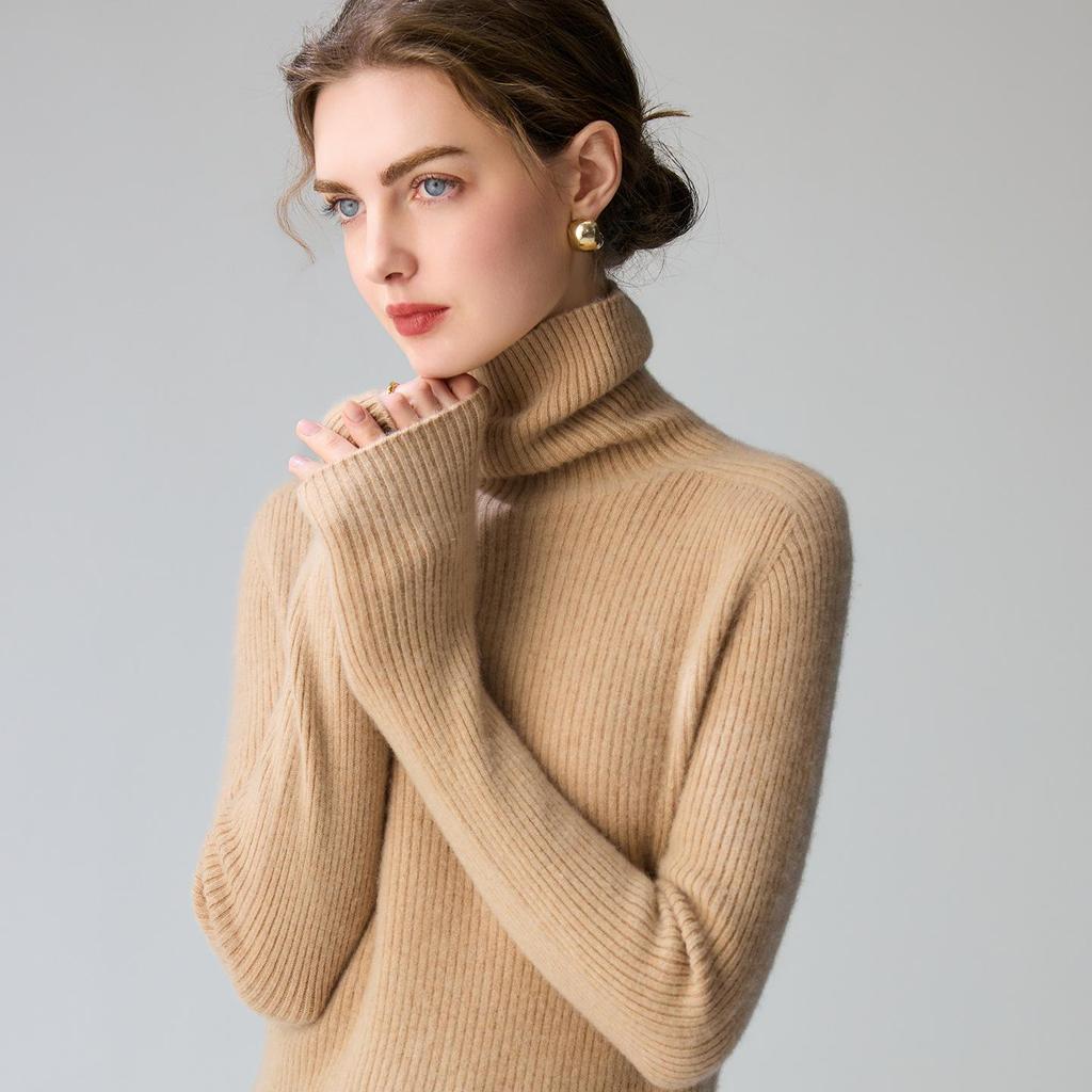 Women's 100% Pure Cashmere Striped High-Neck Slim Fit Sweater - Warm Knitwear for Autumn/Winter 2026