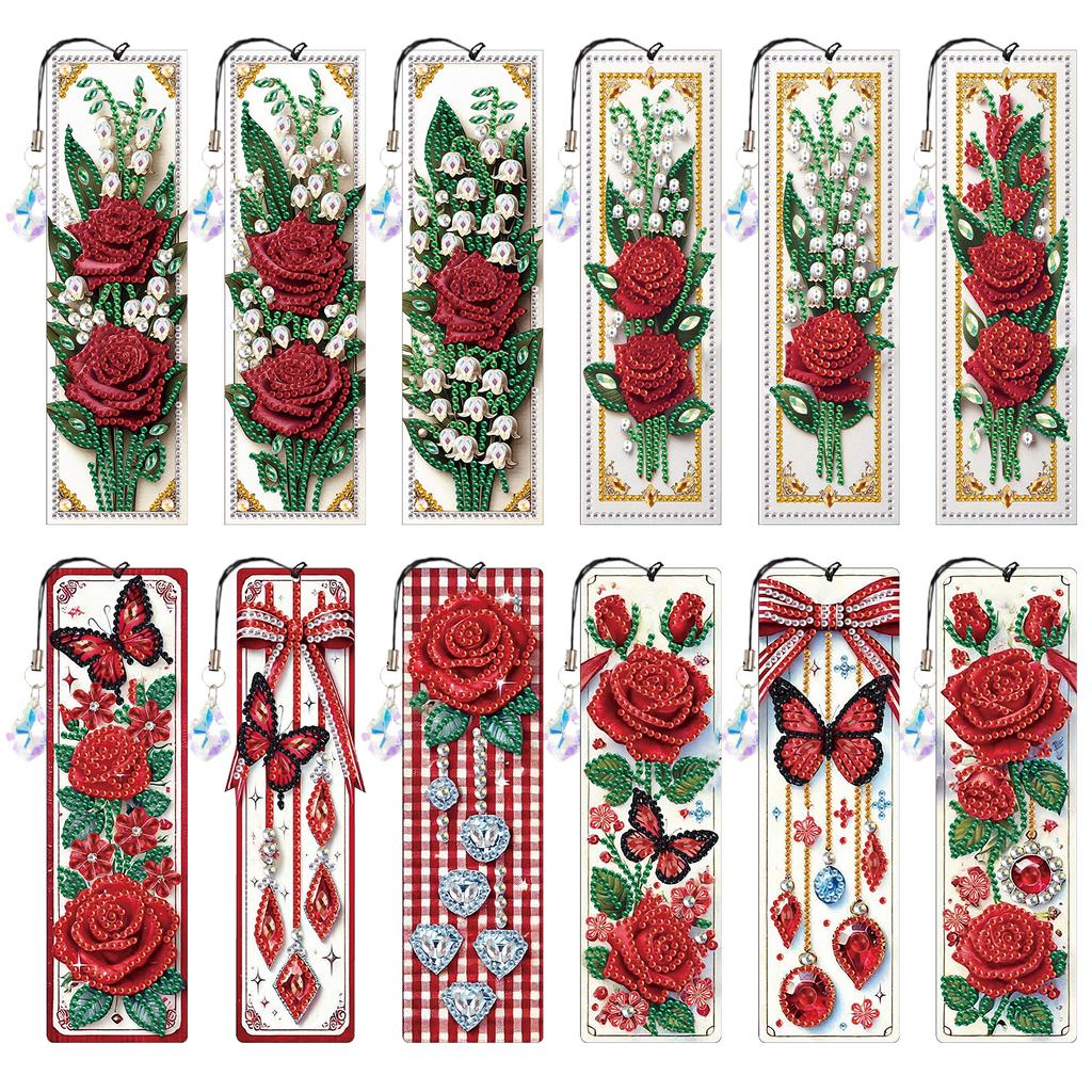 12Pcs Flower Animal DIY Diamond Bookmark Art Projects with Crystal Pendant Diamond Art Bookmark for Adults Book Lovers