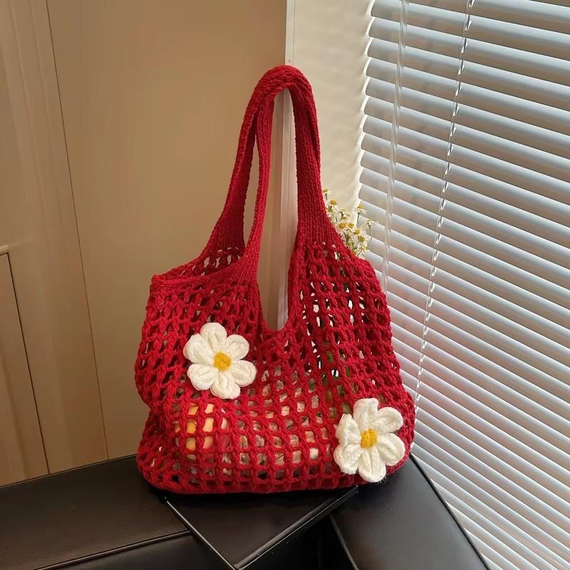 Women Knitted Shoulder Bag Tote Handbag Large Capacity Summer Beach Bag Lightweight Casual Top Handle Bag Chic Hobo Bag