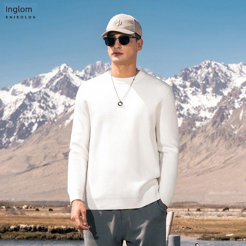 

Yingjuelun 2025 Autumn/Winter Textured Solid Color Crew Neck Sweater for Men, Stretchy Simple Base Knitwear Snow Frost White L