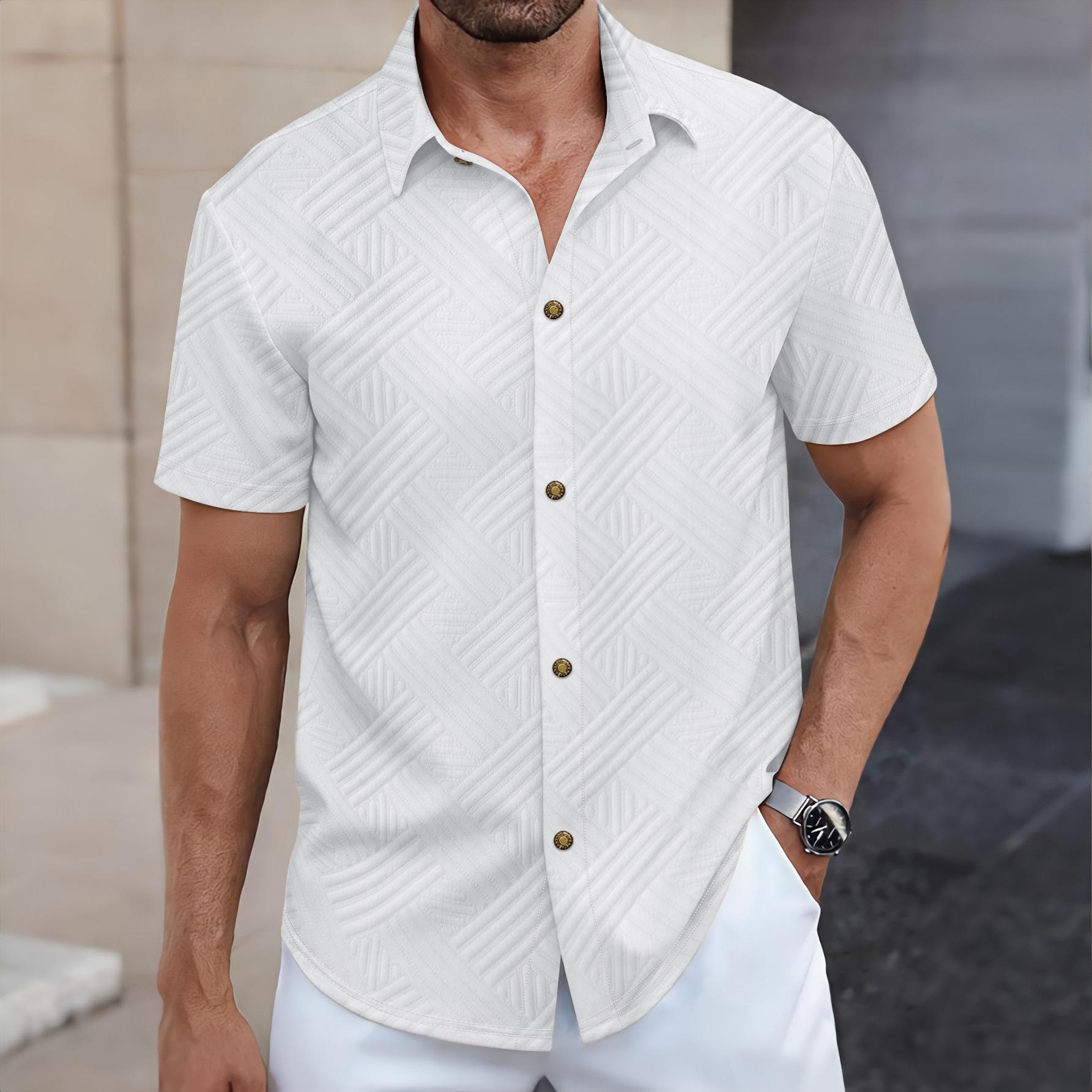 Men Short Sleeve Shirt With Geometric Embossed Texture And Turn-down Collar S