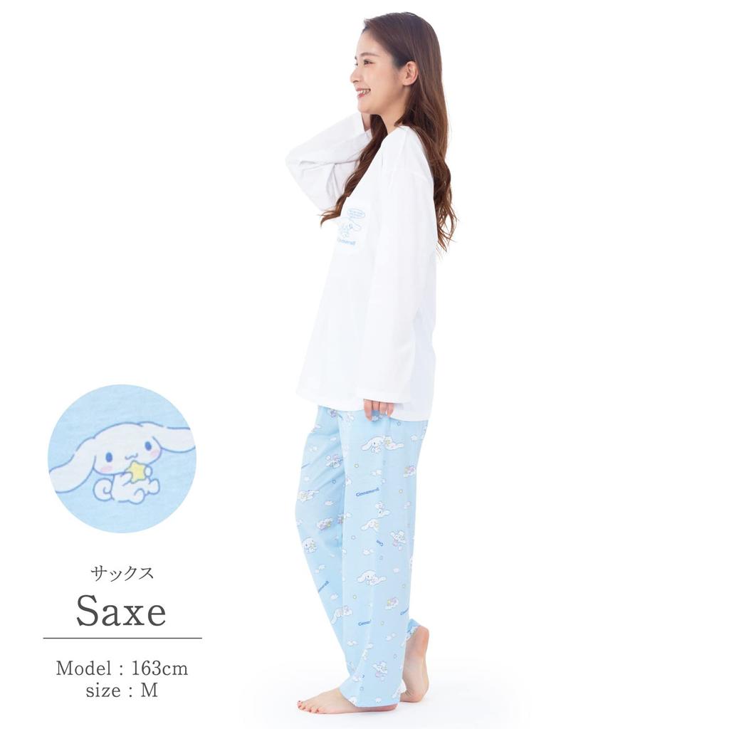 SAZAC Cinnamoroll Long Sleeve Pajama Set and Jersey Cotton Loungewear Women's (Top Bottoms), (Sax/L/SAN1698)