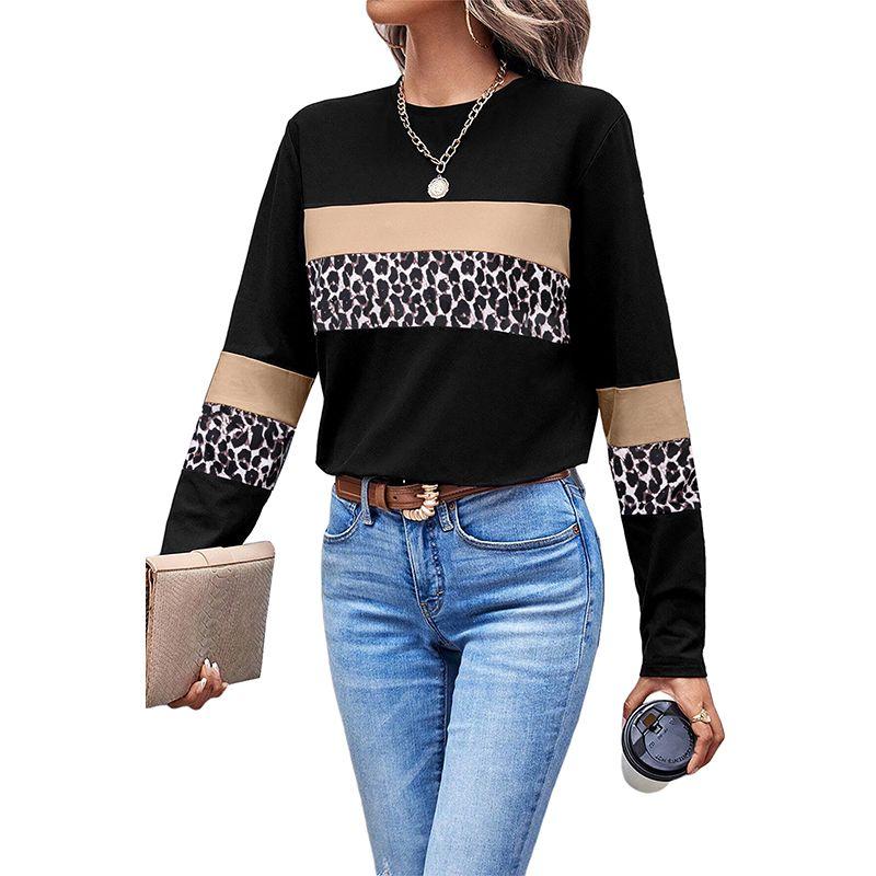European and American Commuter Versatile Leopard Print Color Matching Long sleeves Shirt Women 2025 Autumn New Loose O-neck pullover Top