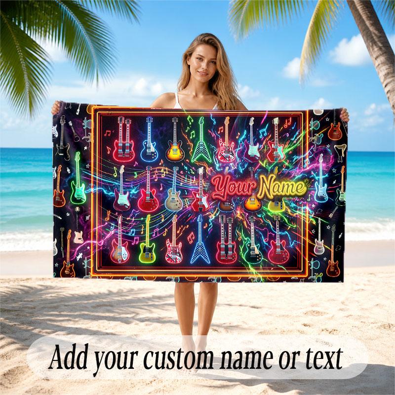 Music Guitar Theme Beach Towel Personalized Custom Name & Text Soft Quick Dry Beach Towel for Swimming Travel