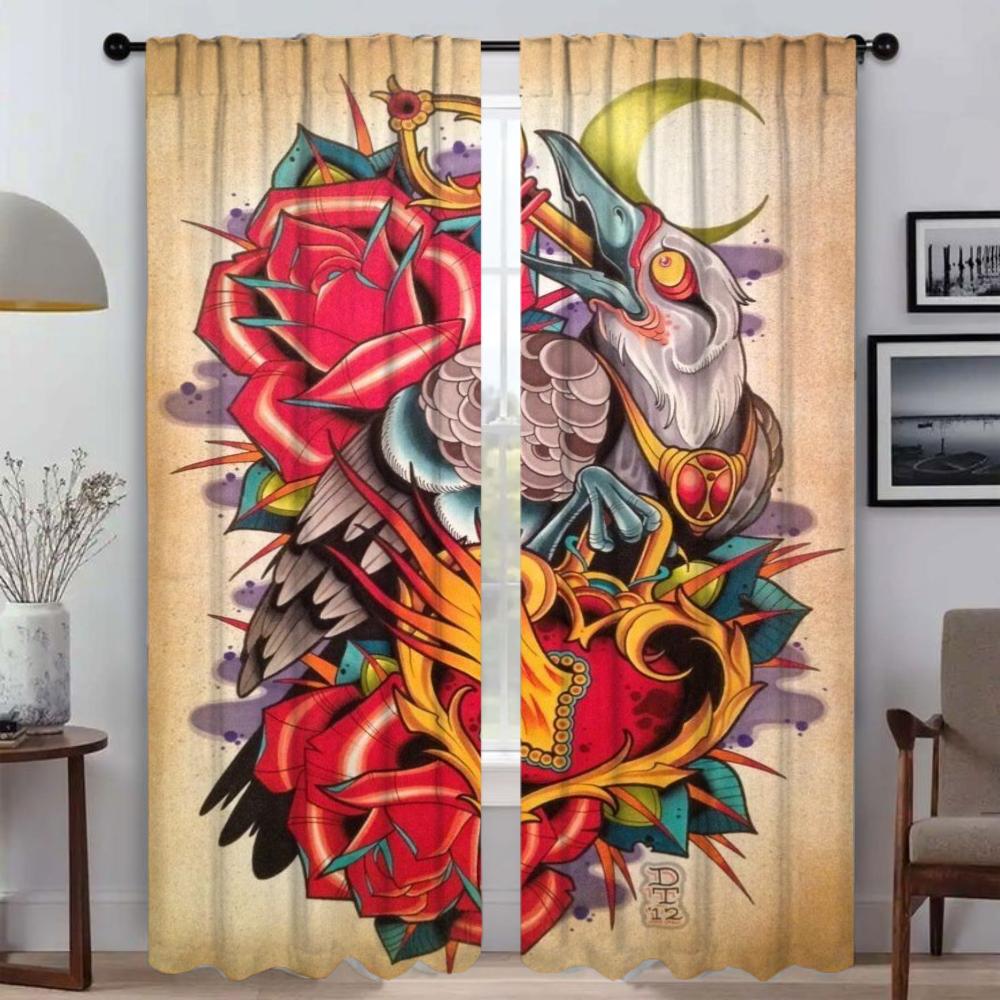 Window Curtain for Room 2 Panel New School Tattoo Kitchen Curtains Blinds Partition Tulle for Bedroom Home Interior Curtains