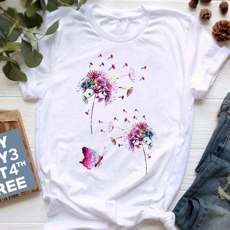 New Summer  Dandelion Butterfly Print Women Tshirt Casual White and Black T-shirt Funny T Shirt Gift for Lady Young Girl Tops