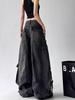 Women's Black Deconstructed Ribbon Hole Wide-Leg Cargo Jeans with Multi-Pockets for Spring