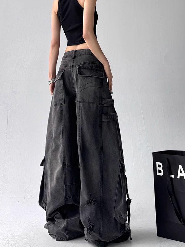 Women's Black Deconstructed Ribbon Hole Wide-Leg Cargo Jeans with Multi-Pockets for Spring