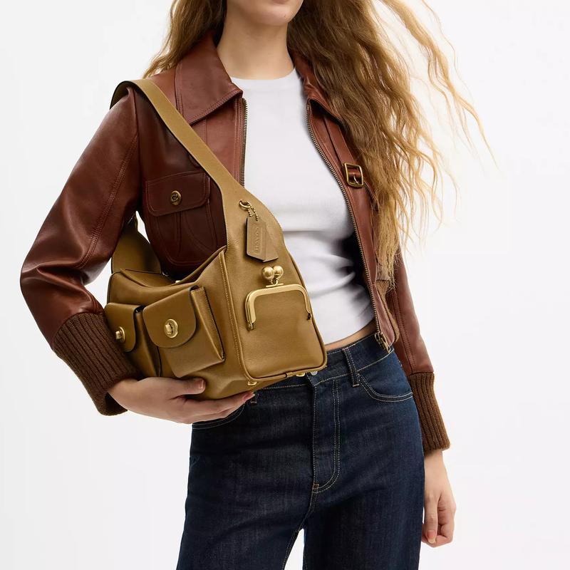 Coach Turnlock Backpack Bag Adjustable Shoulder Strap Calf Leather Shoulder Bag Women's Olive