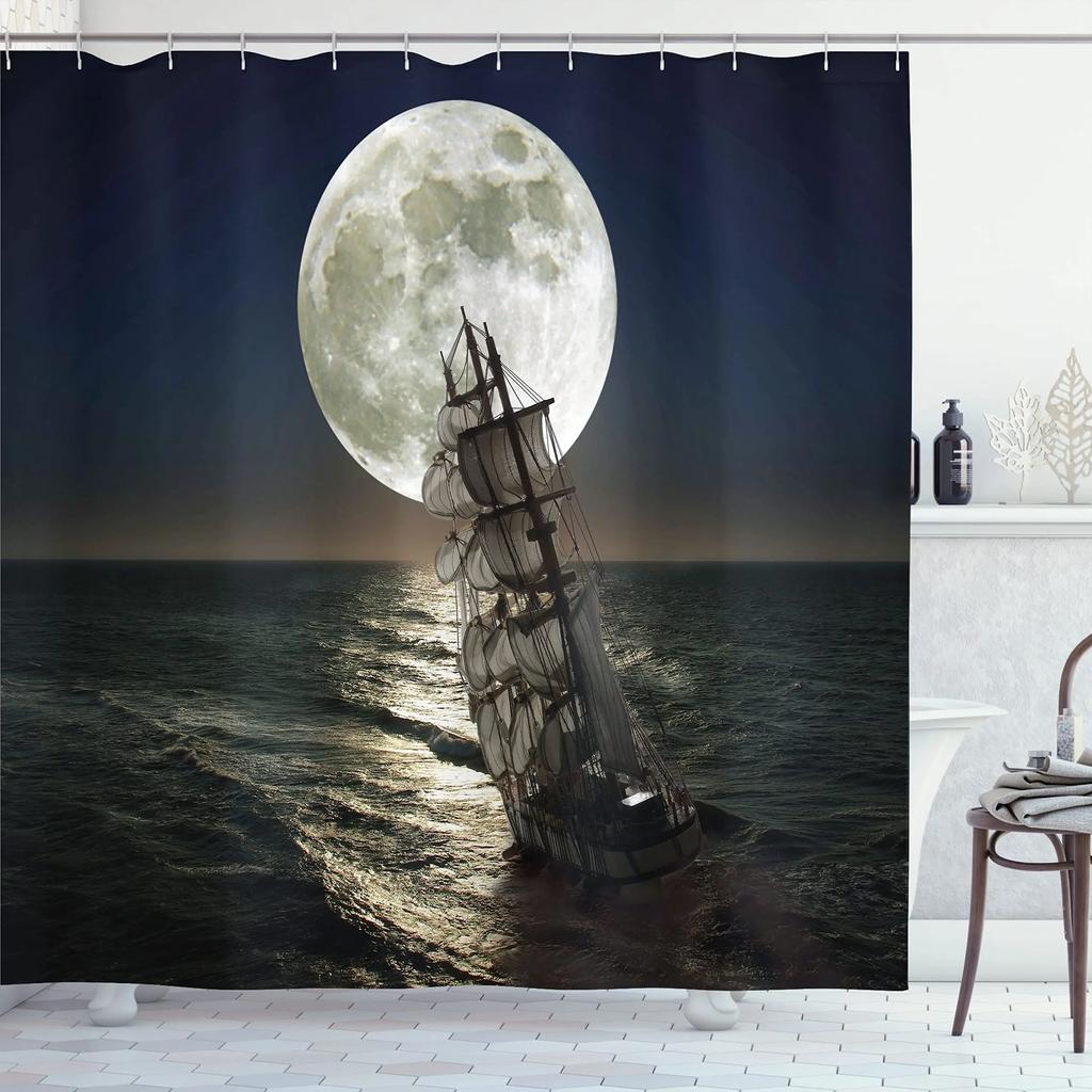 Pirate Ship Shower Curtain for Nautical Bathroom Fantasy Ocean Vintage Pirate Ship Bath Curtains Polyester Decor with 12 Hooks