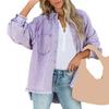 Giacca da donna in denim Colletto rovesciato Distress Orlo con frange Bottone Tasca grande Lavato Tinta unita Cappotto oversize da donna di media lunghezza oversize Lavato