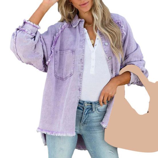 Giacca da donna in denim Colletto rovesciato Distress Orlo con frange Bottone Tasca grande Lavato Tinta unita Cappotto oversize da donna di media lunghezza oversize Lavato