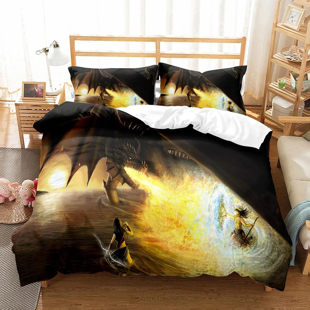 Fierce Fire Breathing Dragon Theme Duvet Cover For Women Men Children Teens For Bedroom Decorations Red Black Queen King Size