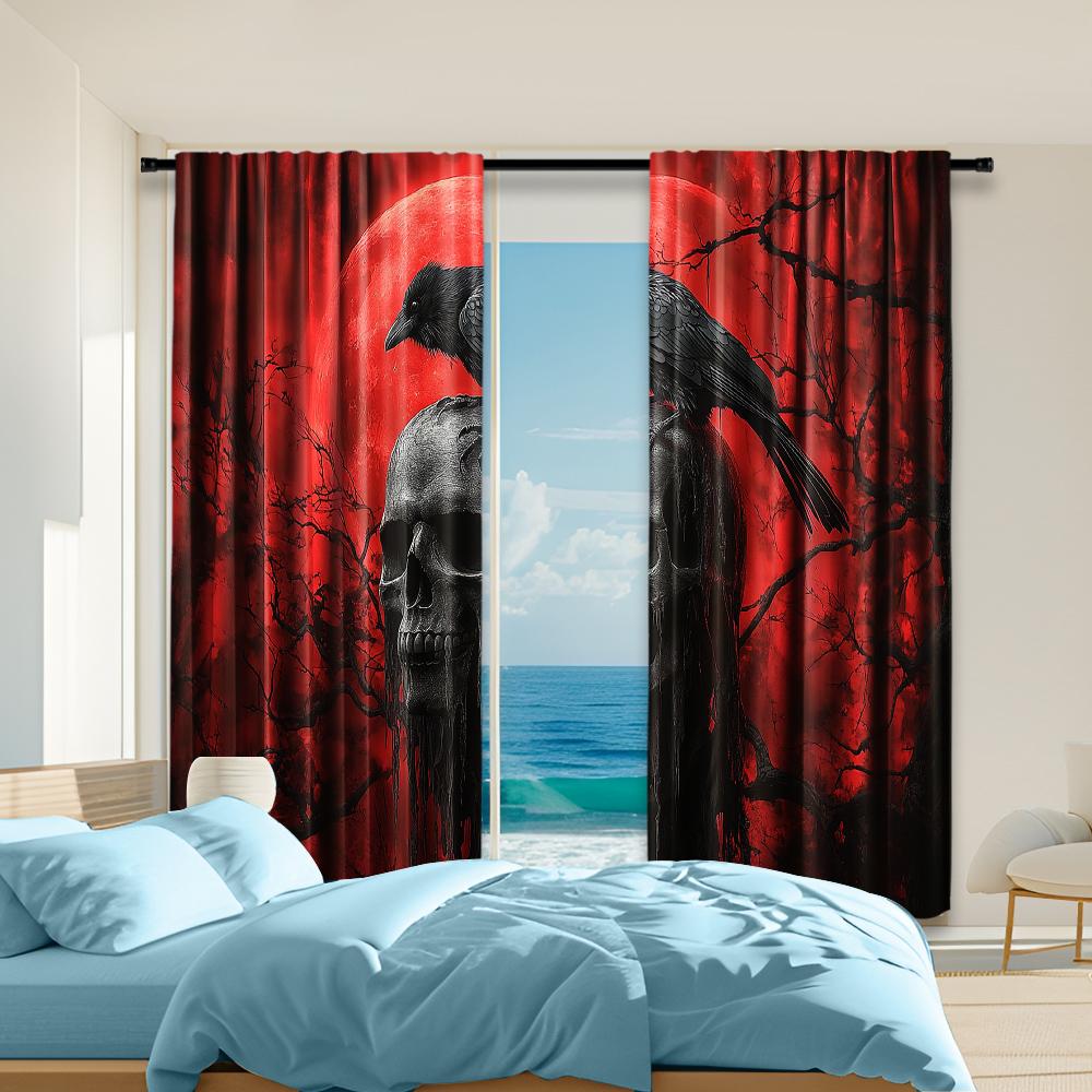 

2 pcs, versatile polyester transparent curtains for home decoration Red Skull & Eagle for use in bedrooms and living rooms 29x65in(75x166cm)