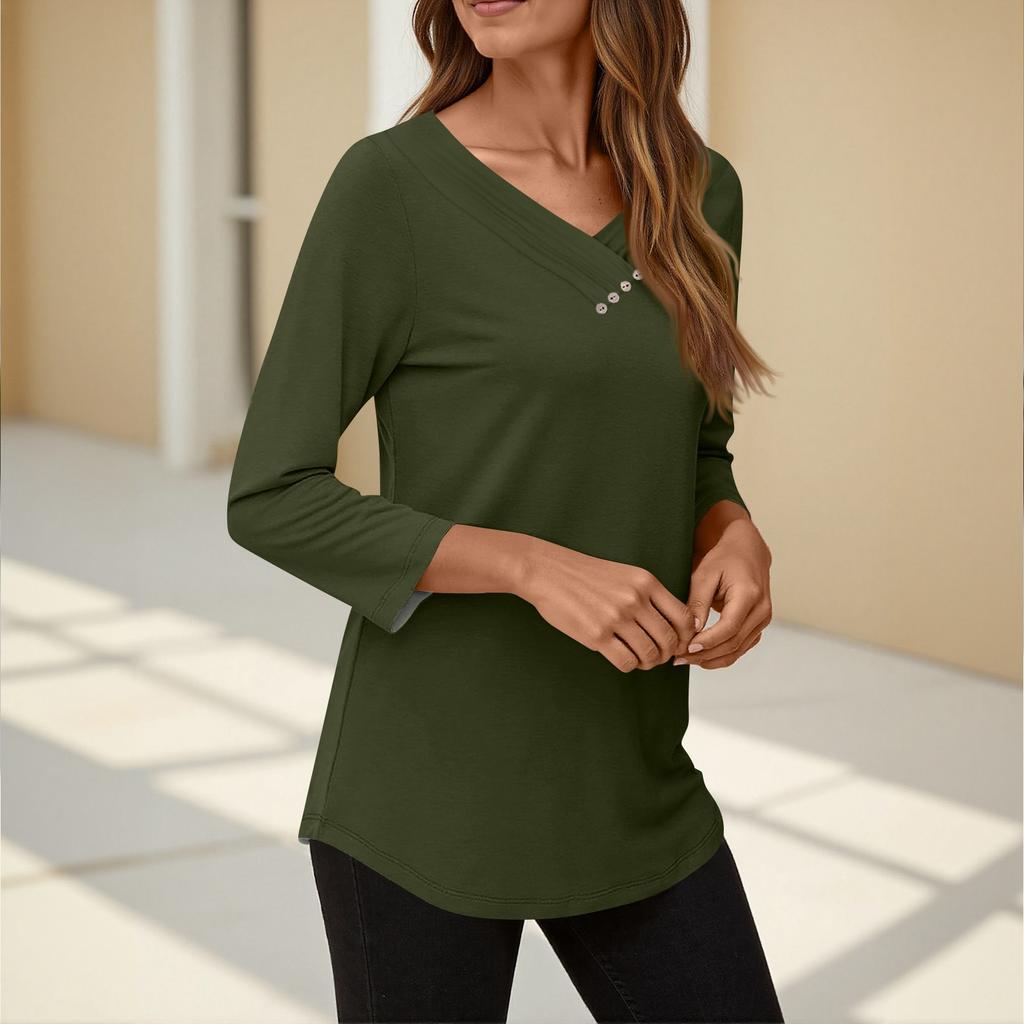 T-shirt pour femme T-shirt Bouton Manches 3/4 Tunique Mode Quotidienne Week-end Basique Col V Coupe Régulière