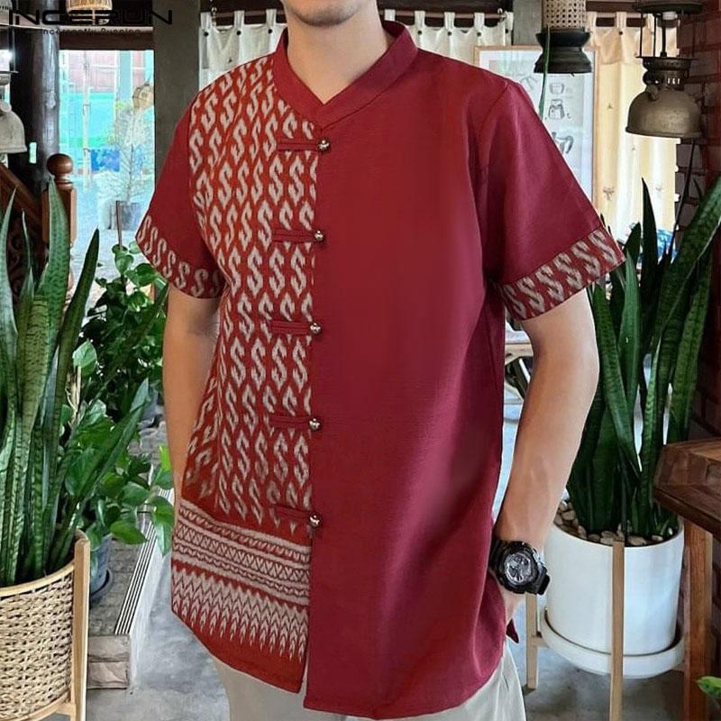 INCERUN Men Stand Collar T Shirt Vintage Printed Short Sleeve Tops