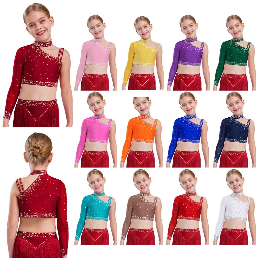 Einzigartiges unregelmäßiges Schulter-Tanzoberteil für Mädchen, Funkelndes Strass-Crop-Top Bühnenauftritt & Wettkampf-Outfit