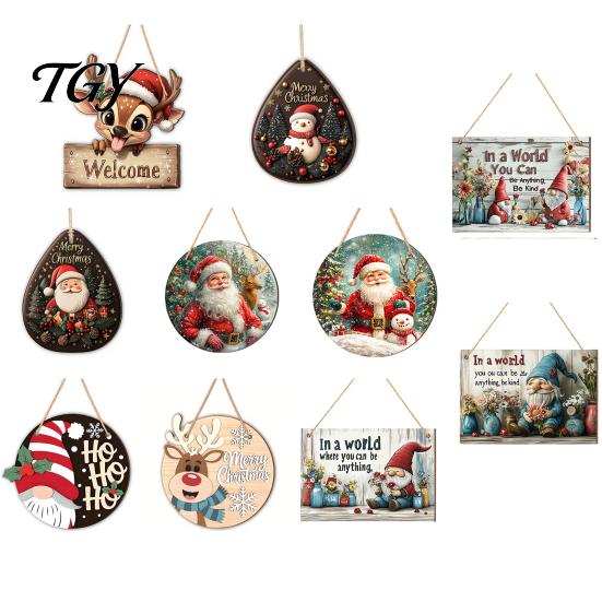 Cute Elk Holiday Ornaments 2D Christmas Wooden Door Hanger Ornaments, Santa Snowman Reindeer Welcome Wall Home Entrance Accents Sign, Rustic Farmhouse
