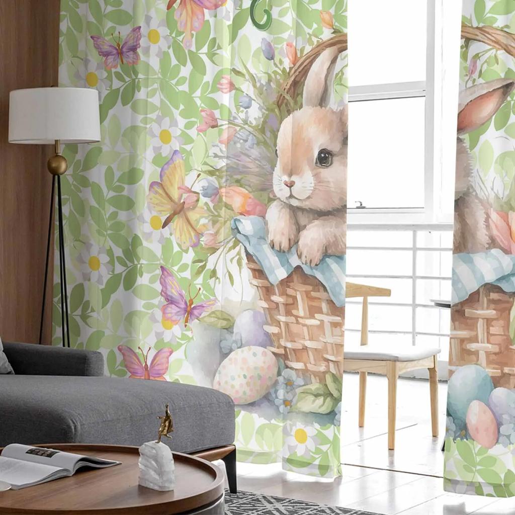 Osterhasen-Blumen-Schmetterlings-Vorhänge für Wohnzimmer, Küche, Fenstervorhänge, Schlafzimmer, Tüll-Voile-Vorhänge