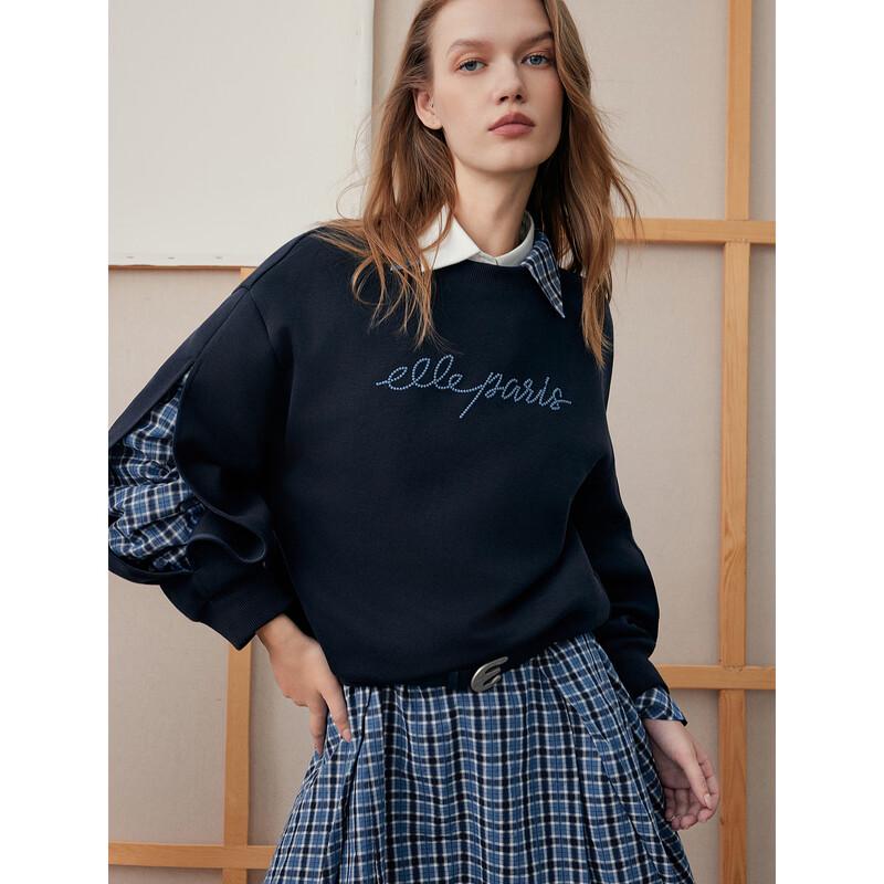 ELLE Plaid Patchwork Round Neck Sweatshirt